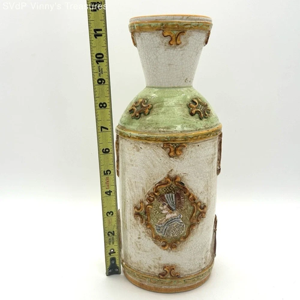 Vintage Italian Majolica Pottery Vase Hand Painted Crackle Glaze Figural Decor